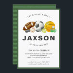 Sports Themed Birthday Party Invitation<br><div class="desc">Put your game face on and celebrate with our sports birthday party invitation. It's perfect for any age and any sports themed party. Add your custom wording to this design by using the "Edit this design template" boxes on the right hand side of the item, or click the blue "Customize...</div>