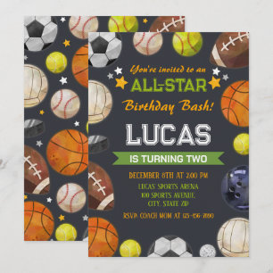 Sports Themed Kids Birthday Party Invitation