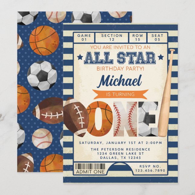 Sports Ticket 1st Birthday Party Invitation (Front/Back)