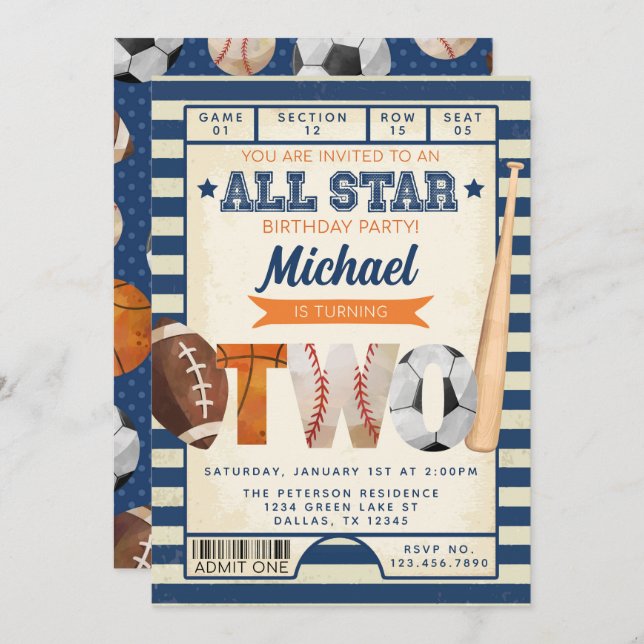 Sports Ticket 2nd Birthday Party Invitation (Front/Back)