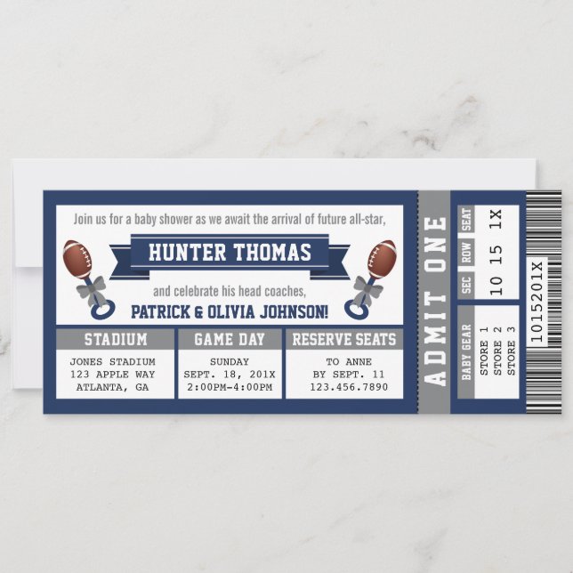 Sports Ticket Baby Shower Invitation, Blue, Grey Invitation (Front)