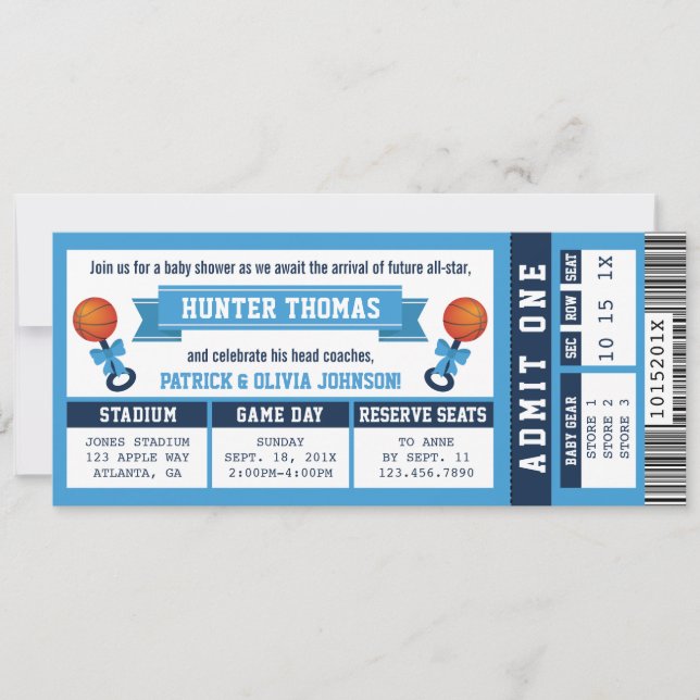 Sports Ticket Baby Shower Invitation, Blue Invitation (Front)