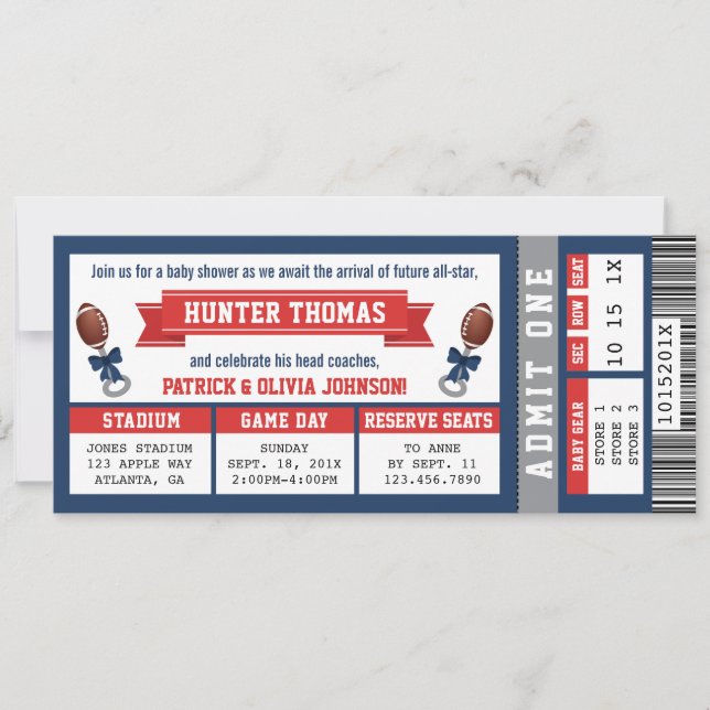 Sports Ticket Baby Shower Invitation, Blue, Red Invitation (Front)