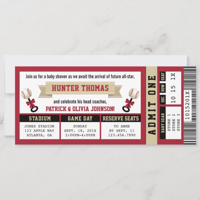 Sports Ticket Baby Shower Invitation, Red, Tan Invitation (Front)