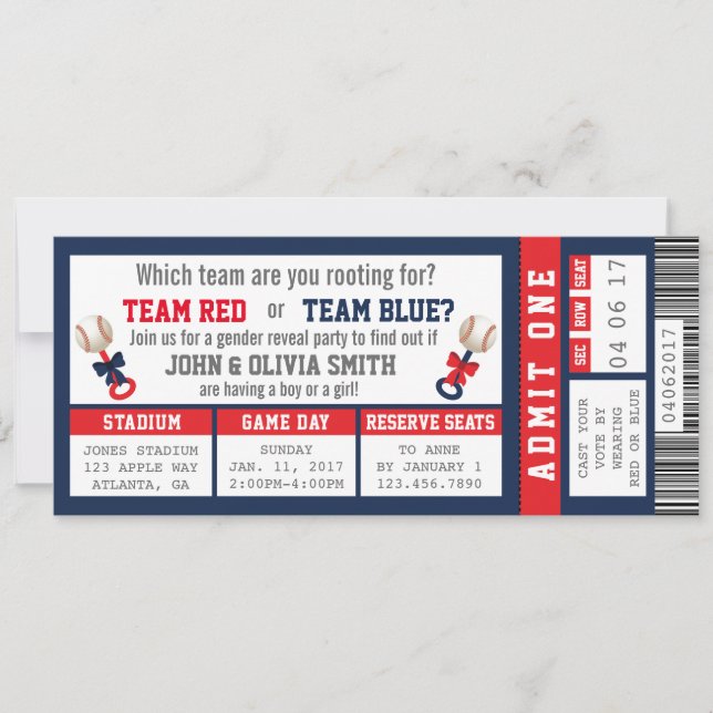 Sports Ticket Gender Reveal Invitation, Baseball Invitation (Front)
