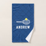 Sports Towel Personalized Blue Tennis Design<br><div class="desc">Navy Blue and White Personalized Monogram or Custom Text Tennis Design kitchen or sports bag towel with a sporty bold name with tennis racket and ball design with a subtle net background pattern.</div>