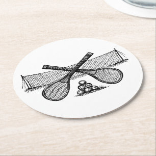 Sports Vintage Tennis Net, Crossed Racquets, Balls Round Paper Coaster