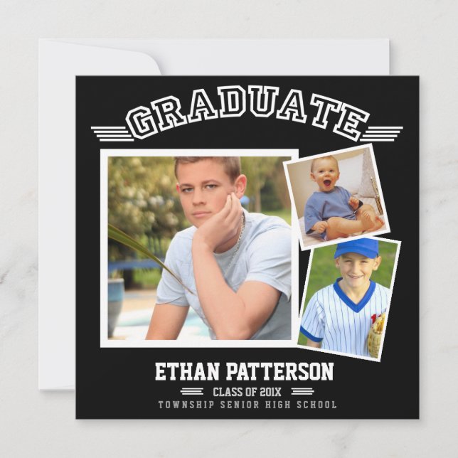 Sporty 3 Photo Graduation Announcement Black White (Front)