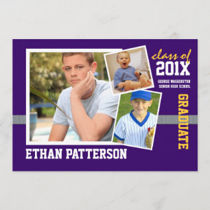 Sporty 3 Photo Graduation Announcement Purple Gold