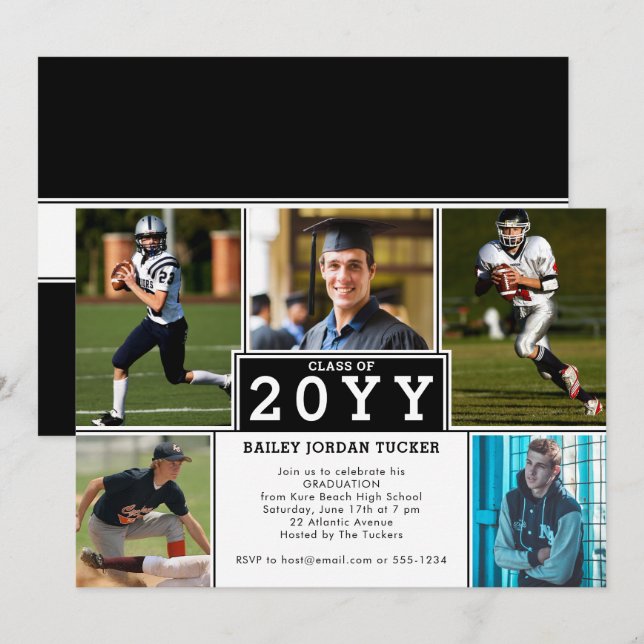Sporty 5-Photo Black White Graduation Invitation (Front/Back)