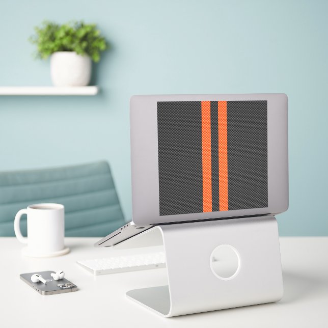 Sporty Accent Orange Stripes Carbon Style Print (Laptop On Desk)