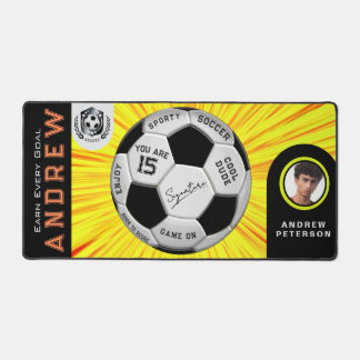 Sporty Birthday  | Yellow Custom Text Photo Soccer Desk Mat