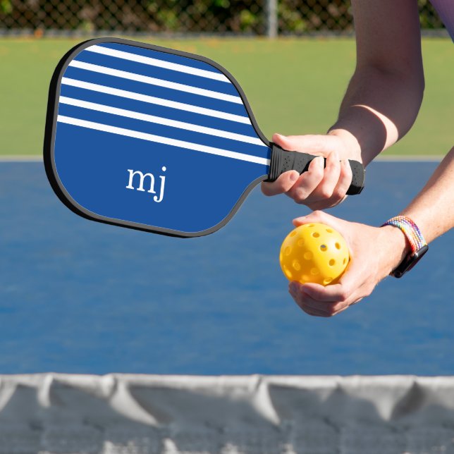 Sporty Blue and White Stripes with Monogram Pickleball Paddle (Insitu)