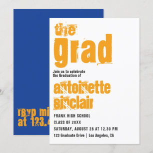 Sporty Blue et Orange Typographie Grad Invitation