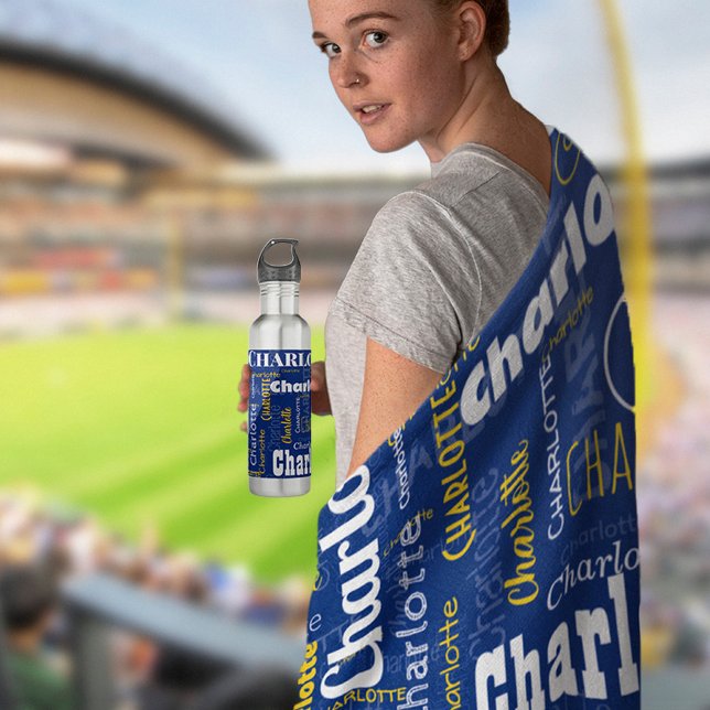 Sporty Blue Yellow Name Repeating Pattern Stadium Fleece Blanket (Both bottle and blanket available in our "Sporty Blue and Vintage Yellow Name Pattern Collection.")