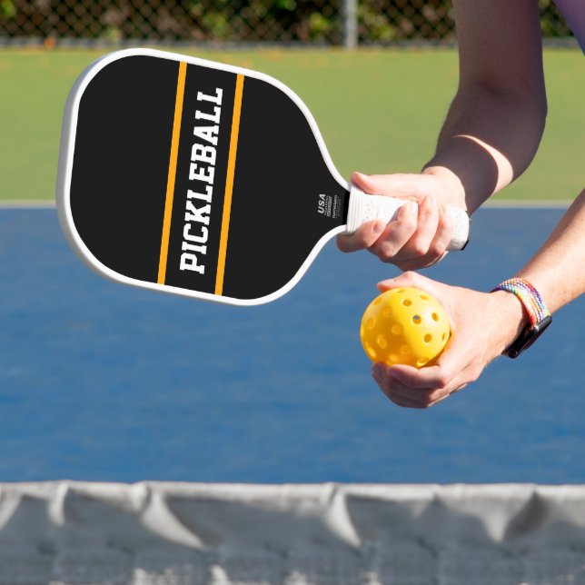 Sporty Bold Black Yellow Stripes PICKLEBALL Text Pickleball Paddle (Insitu)