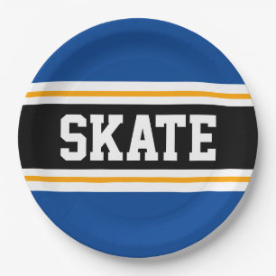 Sporty Bold Teal Black Yellow SKATE Racing Stripes Paper Plate