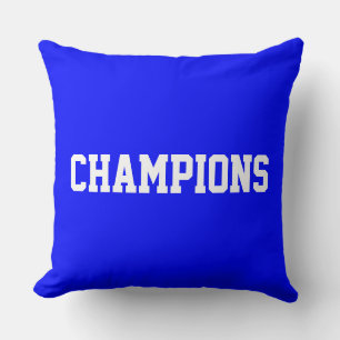 Sporty Bold White CHAMPIONS Text On Bright Blue Throw Pillow