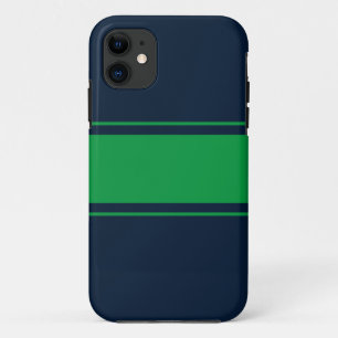 Sporty Bold Wide Green Racing Stripes On Navy Blue iPhone 11 Case