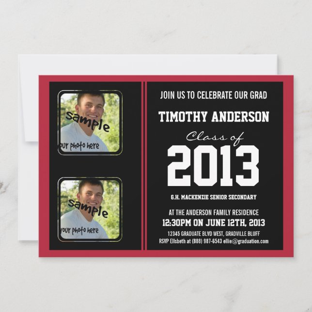 Sporty Boy Grad Black and Red TWO Photos Invitation (Front)