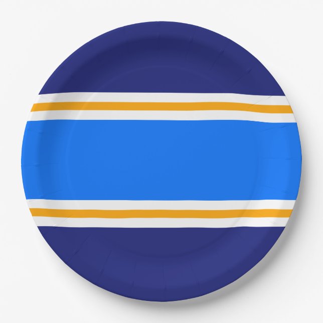 Sporty Bright Blue Yellow White Navy Party Stripes Paper Plate (Front)