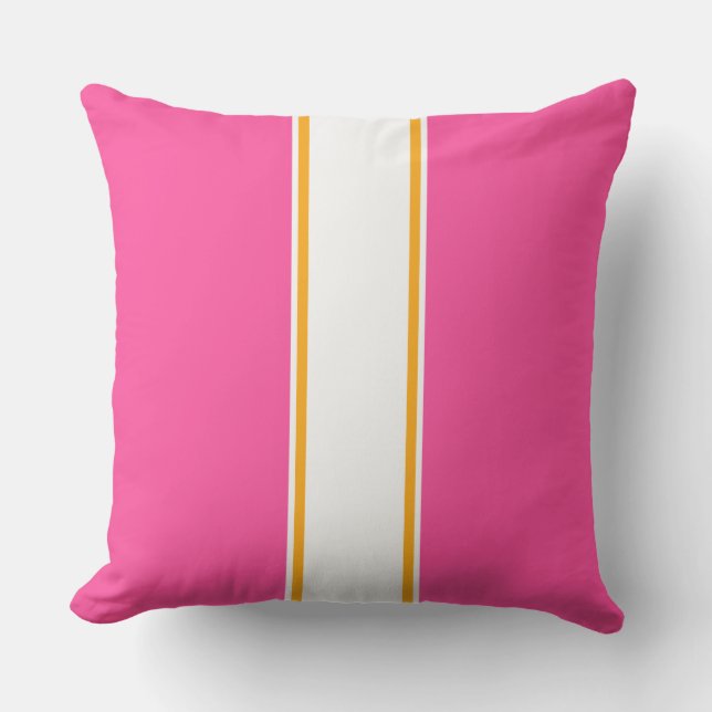 Sporty Bright Pink White Orange Racing Stripes Outdoor Pillow (Front)