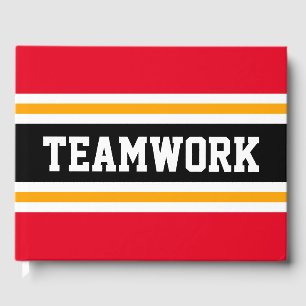 Sporty Bright Red Black Yellow TEAMWORK Stripes Guest Book