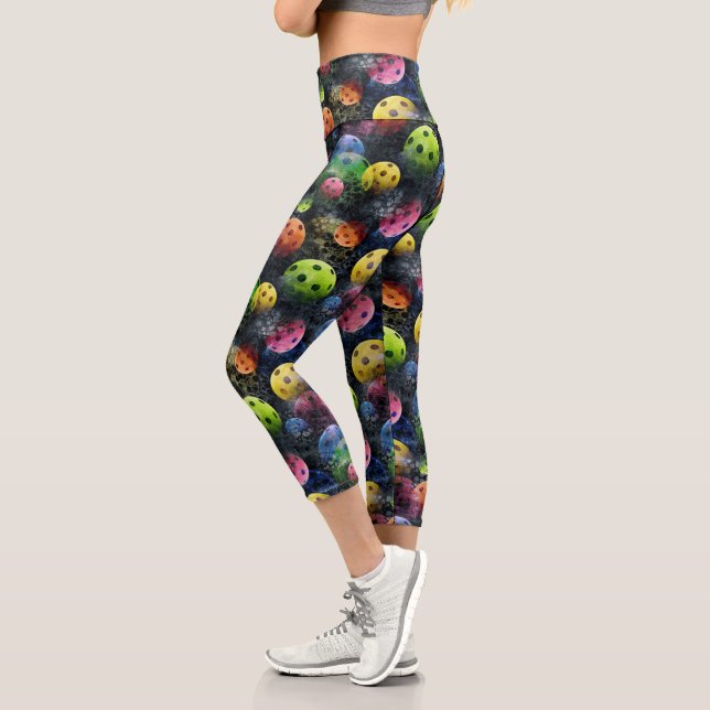 Sporty Colorful Pickleball Pattern Capri Leggings (Left)