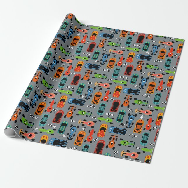 Sporty Colourful Racing Cars Kids Birthday Wrapping Paper (Unrolled)