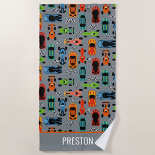 Sporty Colourful Racing Cars Kids Personalized Beach Towel