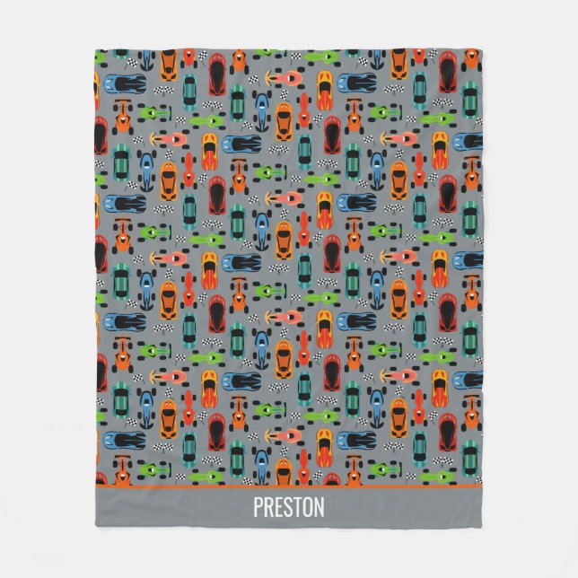 Sporty Colourful Racing Cars Kids Personalized Fleece Blanket (Front)