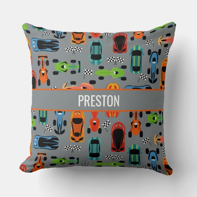 Sporty Colourful Racing Cars Kids Personalized Throw Pillow (Front)