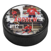 Sporty Custom Player Name & Number 3 Photo Collage Hockey Puck (3/4)