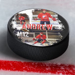 Sporty Custom Player Name & Number 3 Photo Collage Hockey Puck<br><div class="desc">Unique personalized hockey puck photo keepsake for your All-Star hockey player. Our design features a rustic gunge-style design with customizable colour grunge textures and photo frames. Personalize with three of your favourite photos along with the name and player's jersey number. Design by Moodthology Papery.</div>