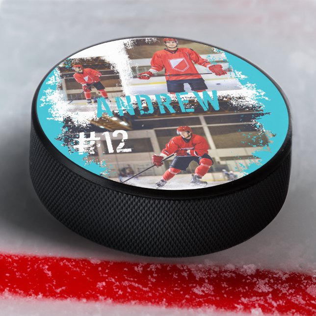 Sporty Custom Player Name & Number 3 Photo Collage Hockey Puck