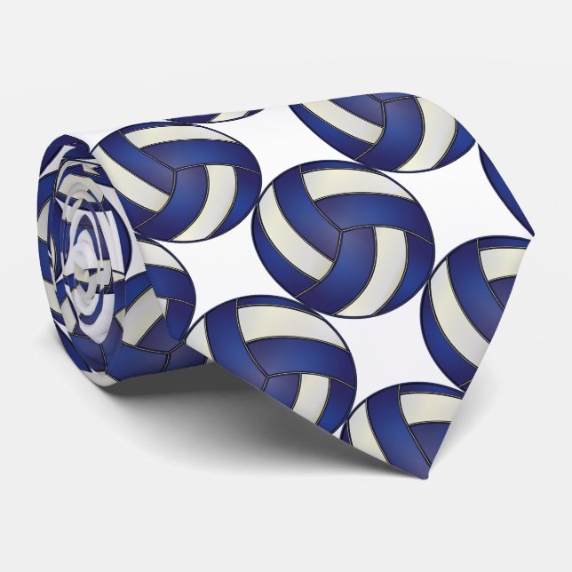 Sporty Dark Blue and White Volleyball Tie (Rolled)