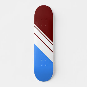 Sporty Deep Red White Bright Blue Racing Stripes Skateboard