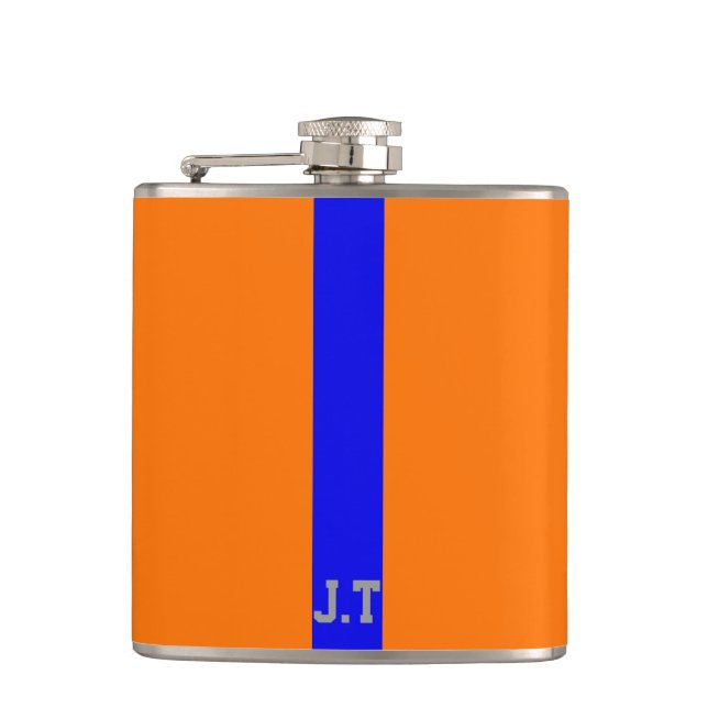 Sporty Design Orange and Blue Monogram Hip Flask (Front)
