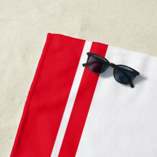 Sporty Fun Bright Red Wide White Racing Stripes Beach Towel