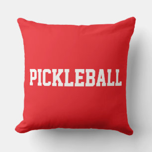 Sporty Fun White PICKLEBALL Text On Bright Red Throw Pillow
