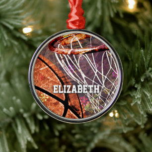 Sporty Girls Basketball and Hoop her name Metal Ornament