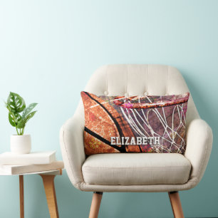 Sporty Girly Basketball and Hoop Pink Purple Lumbar Pillow