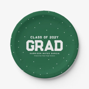 Sporty grad athlete green personalized graduation paper plate