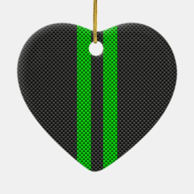 Sporty Green Carbon Fibre Style Racing Stripes Ceramic Ornament (Back)