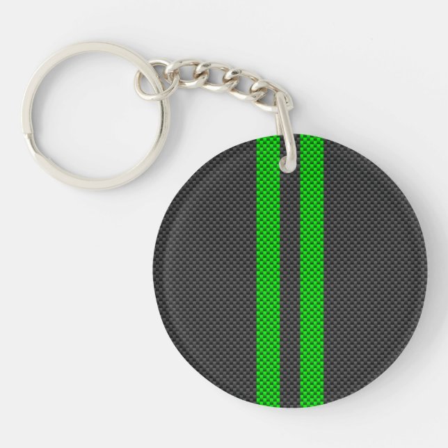 Sporty Green Carbon Fibre Style Racing Stripes Keychain (Front)
