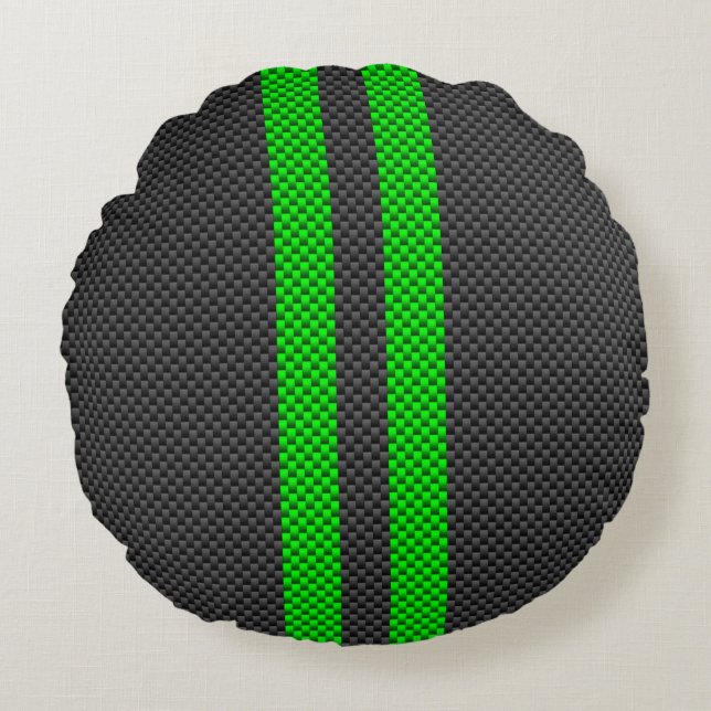 Sporty Green Carbon Fibre Style Racing Stripes Round Pillow (Front)