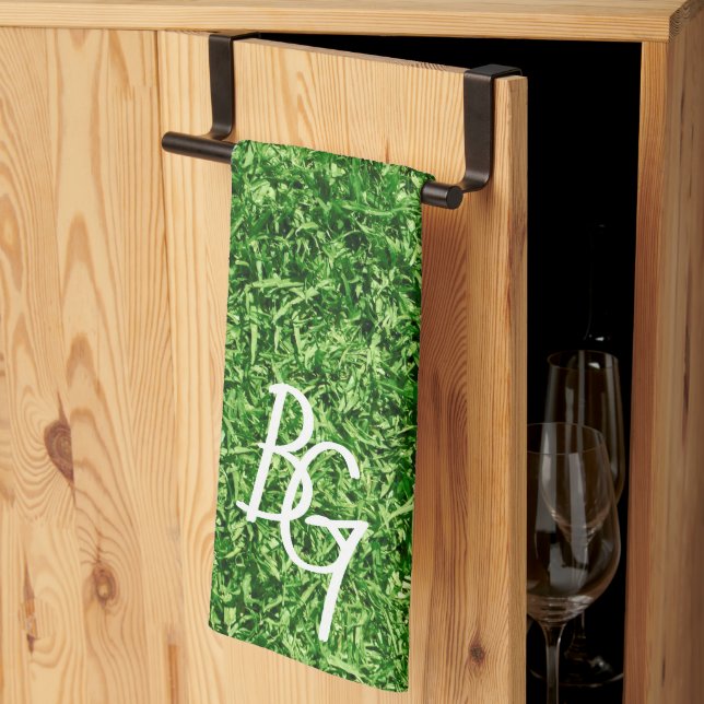 Sporty Green Grass Background Monogram Initials Kitchen Towel (Thirds Fold)