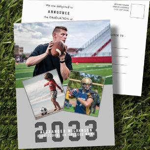 Sporty Guy Modern Bold Script 3 Photo Graduation Announcement Postcard