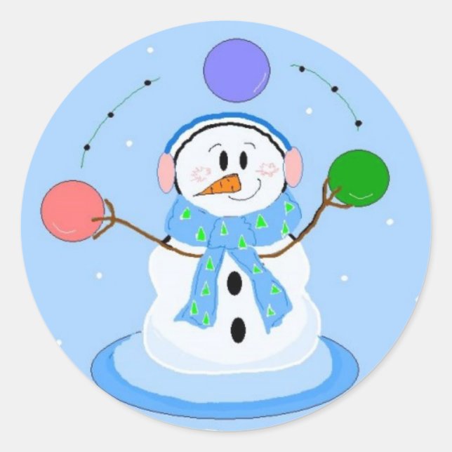 Sporty Juggling Snowman Classic Round Sticker (Front)