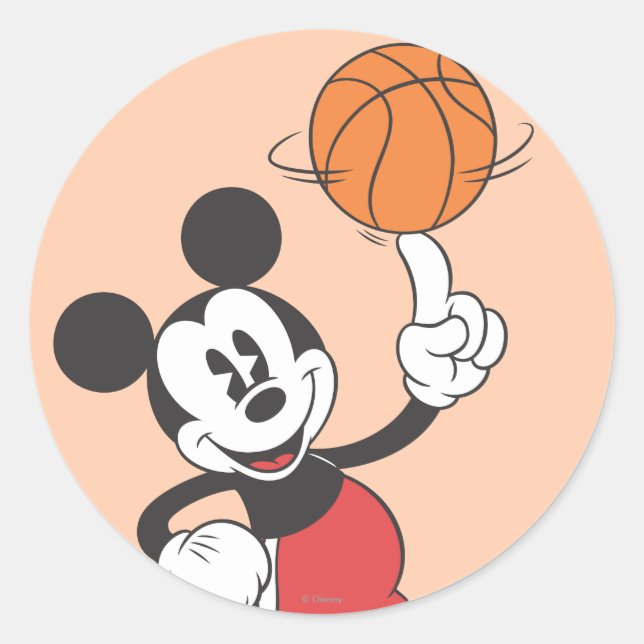 Sporty Mickey | Spinning Basketball Classic Round Sticker (Front)